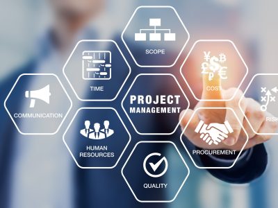 Presentation of project management areas of knowledge, manager touching screen Presentation of project management areas of knowledge such as cost, time, scope, human resources, risks, quality and communication with icons and a manager touching virtual screen